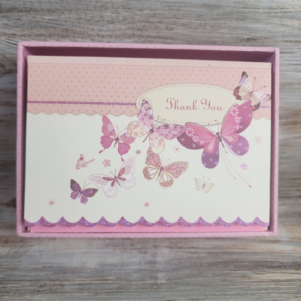 Papyrus Thank You Cards Boxed Set 14ct Butterfly Glitter Scalloped Lynn Horrabin